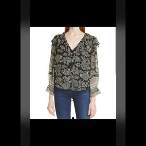 Veronica Beard Itha Ruffle Silk Blouse   100%‎ Silk, 4, Black cream green